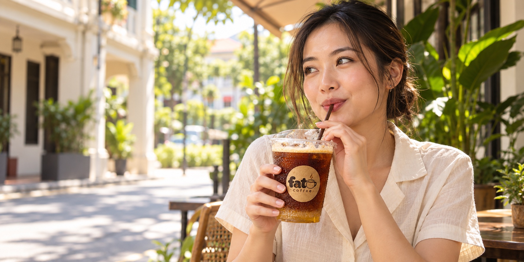 Fanda enjoying her Fat Coffee drink